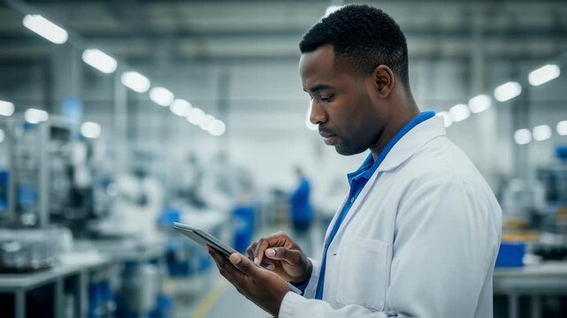 African american engineer monitoring manufacturing processes using tablet in high tech industrial plant, highlighting digital technology integration in modern workplace