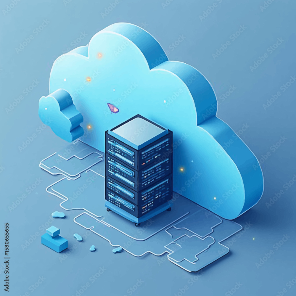 Aufkleber cloud computing server infrastructure depicted with a stylized 3d illustration.