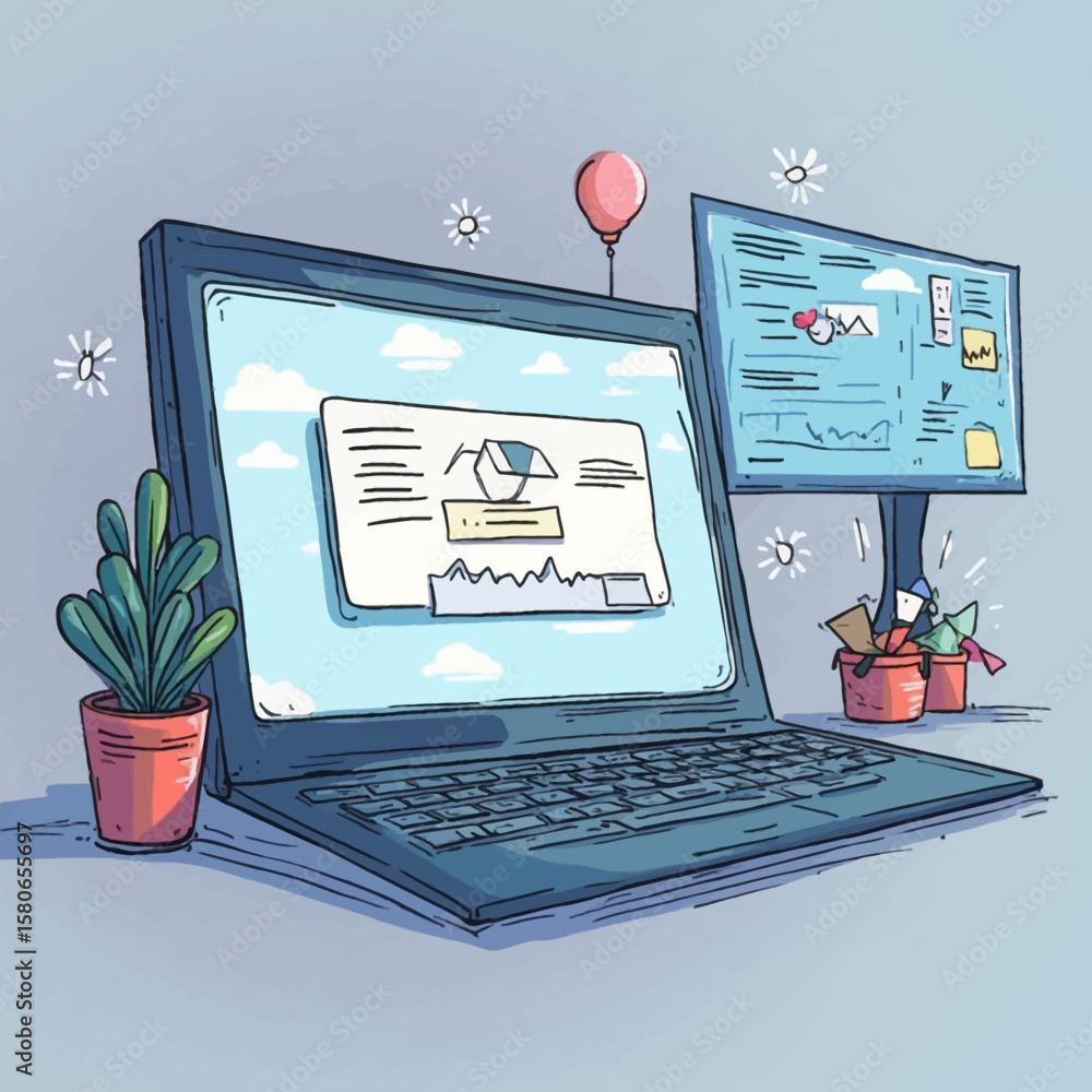 Poster cartoon illustration of a laptop displaying data analytics with an external monitor.