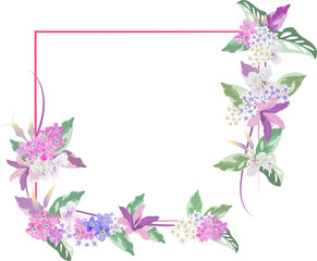blossom flower frame with creeping leaves on white background