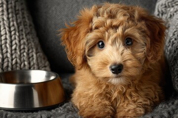 Adorable fluffy brown puppy with big expressive eyes sitting indoors near a metal bowl on cozy textured background in home setting