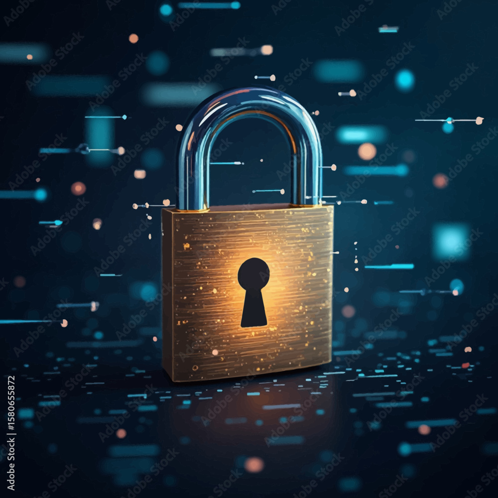 Poster a golden padlock with a keyhole stands against a digital background of flowing light streams.