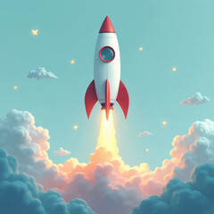 A white and red rocket soars through a pastel sky, leaving a trail of bright yellow flames behind it, surrounded by clouds and stars.
