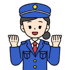 警備員の女性がガッツポーズをしている