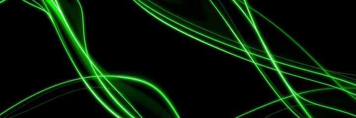 Naklejka premium Dark abstract background with green neon glowing lines. Bold neon green light trails on a dark surface, creating a striking and futuristic effect. Perfect for tech, digital design themes