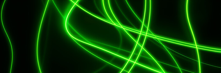 Dark abstract background with green neon glowing lines. Bold neon green light trails on a dark surface, creating a striking and futuristic effect. Perfect for tech, digital design themes