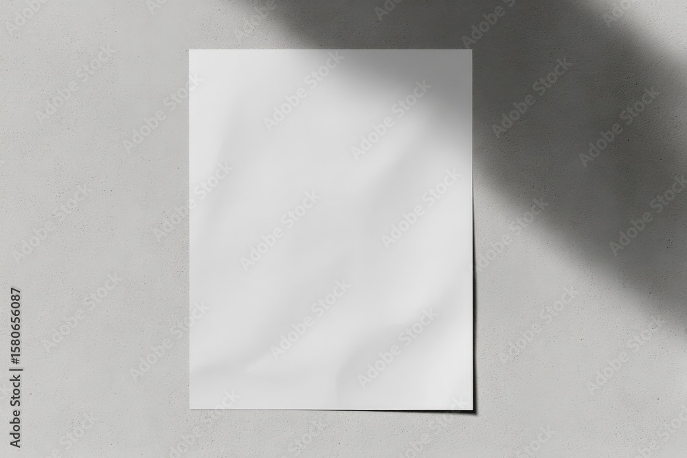 Poster blank white sheet of paper on gray surface with soft shadow and natural lighting creating subtle tex