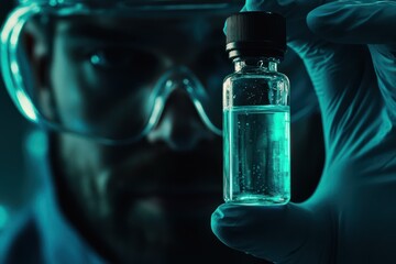 Scientist Holding Turquoise Vial in Lab