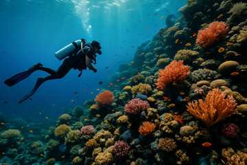 Fototapeta premium Diver exploring vibrant coral reef teeming with marine life