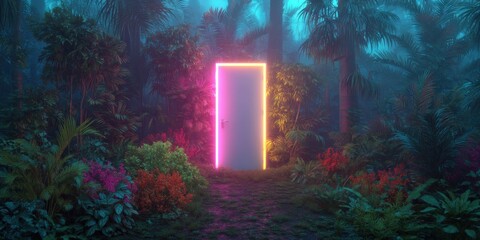 Mystical Neon Portal in Lush Tropical Jungle with Vibrant Flowers and Dense Green Foliage Creating a Magical Atmosphere
