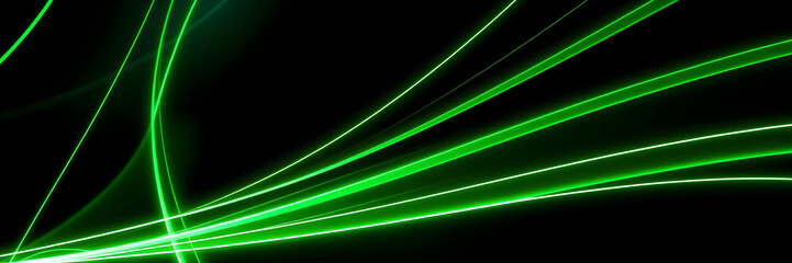 Fototapeta premium Dark abstract background with green neon glowing lines. Bold neon green light trails on a dark surface, creating a striking and futuristic effect. Perfect for tech, digital design themes