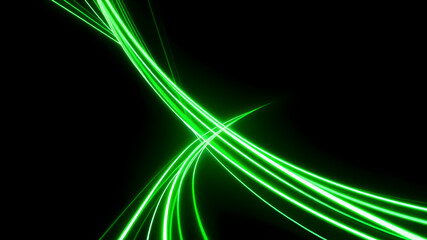 Dark abstract background with green neon glowing lines. Bold neon green light trails on a dark surface, creating a striking and futuristic effect. Perfect for tech, digital design themes