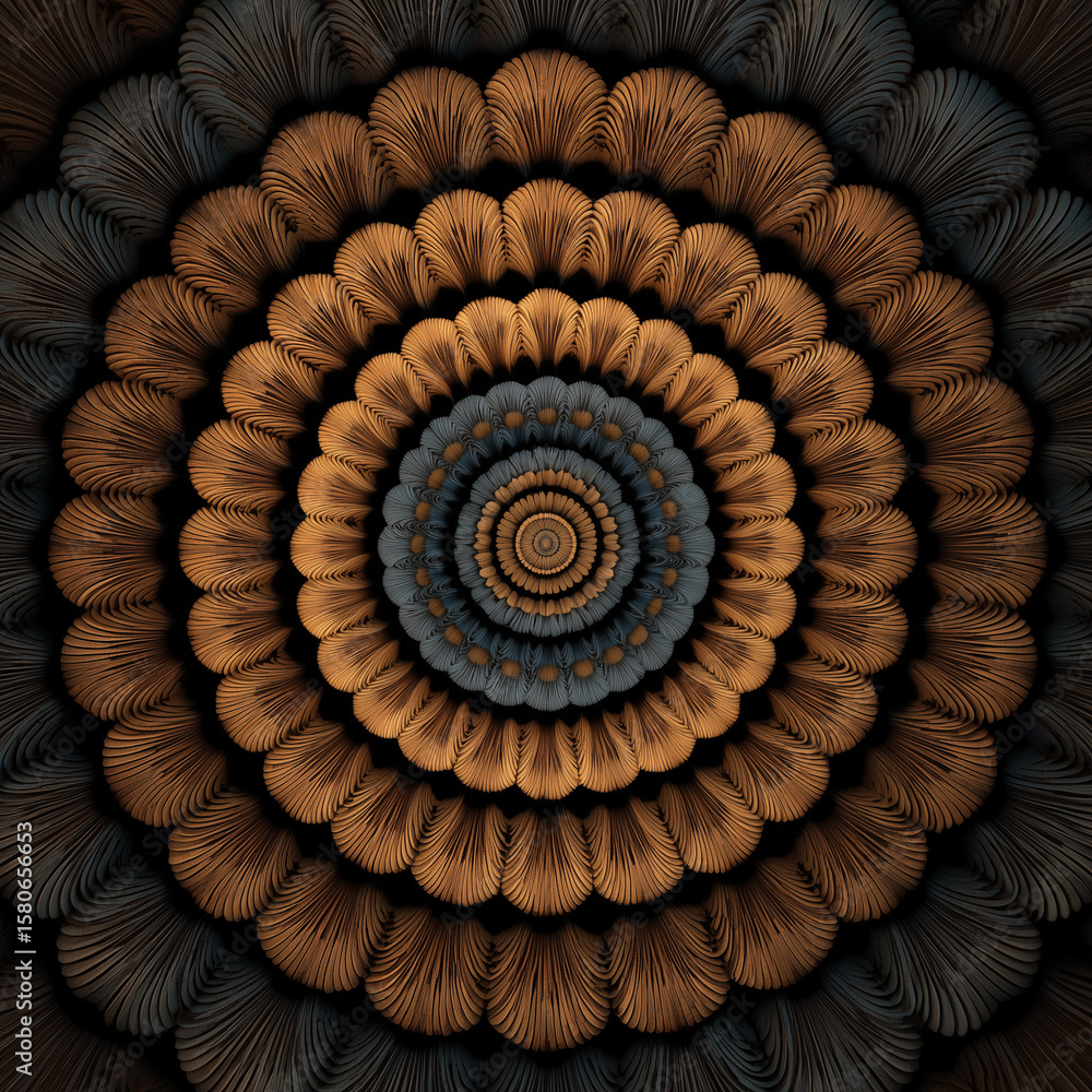 Poster circular abstract design in warm tones with intricate patterns