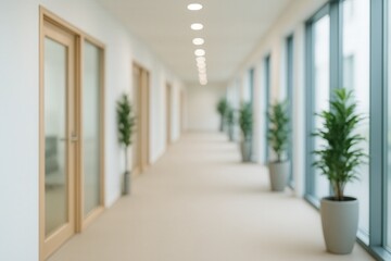 Fototapeta premium Modern Office Corridor Featuring Natural Light and Potted Plants in Minimalist Design with Contemporary Architecture Elements and Wood Accents in a Bright and Functional Workspace