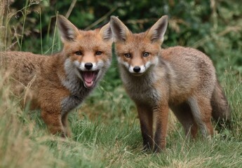 Fototapeta premium Two curious wild foxes in a lush green grassy field with dense foliage and trees in the background du daytime, wildlife nature scene