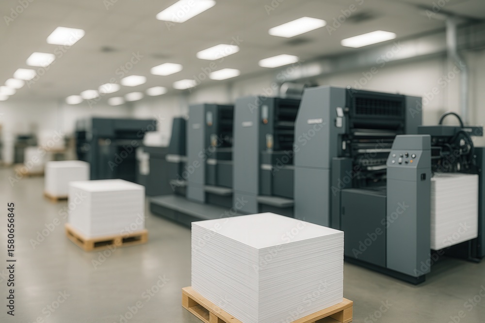 Poster modern printing press in action with paper stacks in industrial setting depicting advanced technolog