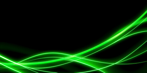 Dark abstract background with green neon glowing lines. Bold neon green light trails on a dark surface, creating a striking and futuristic effect. Perfect for tech, digital design themes