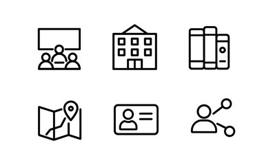University icons set: lecture, dormitory, library, map, id, alumni