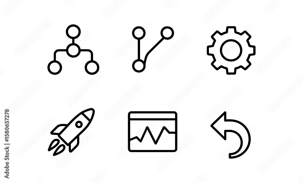 Poster tech workflow icons: pipeline, code merge, build gear, and more