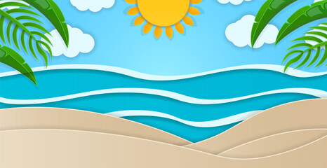 Summer beach vacation background illustration. Paper cut poster, palm leaves, sand and ocean waves. Travel concept banner. Tropical beach resort. Sea weekend sale flyer