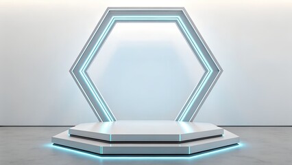 Futuristic Hexagonal Display Platform with Neon Blue Lighting: Modern Minimalist Product Showcase Background