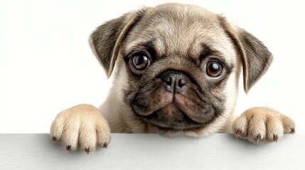 Obraz premium Adorable Baby Pug Puppy Pet Dog Looking Curiously Over White Surface with Sad Eyes and Floppy Ears for Animal and Pet Photography