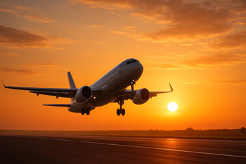 Airplane taking off at sunset over runway with horizon glow