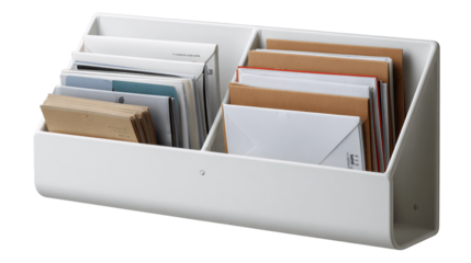 A angled wall-mounted mail holder variant 2486, white background --ar 16:9