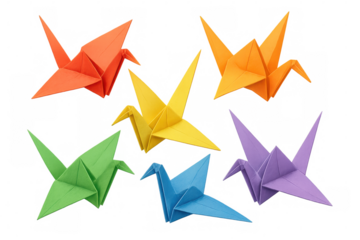 Vibrant origami cranes soaring against transparent backdrop, symbolizing peace, creativity, hope