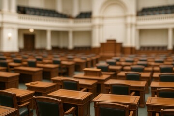 Fototapeta premium Grand Ornate Legislative Chamber With Rows of Wooden Desks and Chairs in Historic Government Building