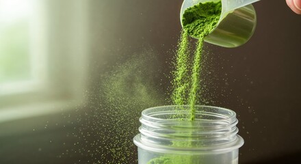 Pouring green powder into a container with a soft background.