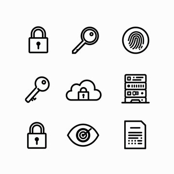 Essential outline icons for cybersecurity and data protection, including padlocks, keys, and servers, offering simplified visuals for secure digital management and IT solutions.
