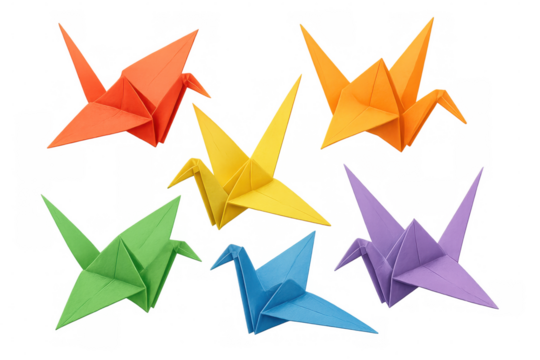 Vibrant origami cranes soaring against transparent backdrop, symbolizing peace, creativity, hope