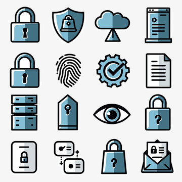 Comprehensive flat icons for cybersecurity, data protection, digital privacy, featuring padlocks, shields, and servers, ideal for IT infrastructure and secure online solutions.
