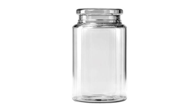 A clear polycarbonate capsule jar variant 57, white background --ar 16:9