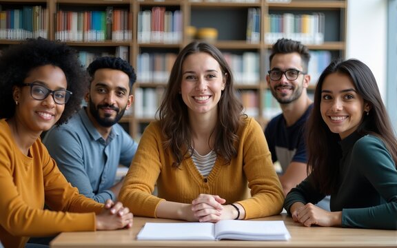 Group portrait of modern English language teacher and multi-ethnic immigrant students having class in library looking at camera. High quality