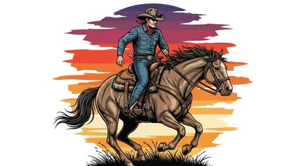 Fototapeta premium illustration of a person riding a horse with the sun rising