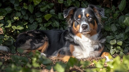 Cute Australian Shepherd dog lying on green leaves and shrubs in outdoor natural setting with attentive expression and lush foliage background