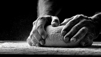 Black and White Image of a Baker Kneading Dough with Dust Particles in the Air Showing Artisan Bread Making Process in a Bakery Kitchen