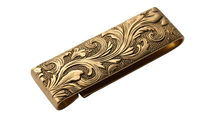 A engraved brass money clip in satin box variant 4849, white background --ar 16:9