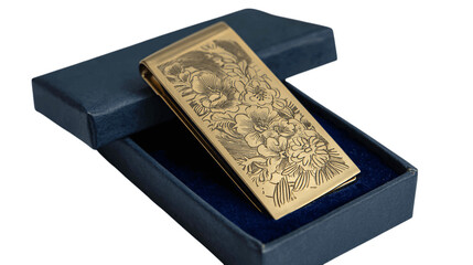 Fototapeta premium A engraved brass money clip in satin box variant 9669, white background --ar 16:9