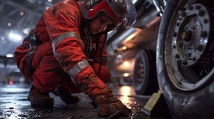 A determined female mechanic in red jumpsuit meticulously inspects the undercarriage and wheel assembly of a futuristic vehicle within a dimly lit hangar environment.