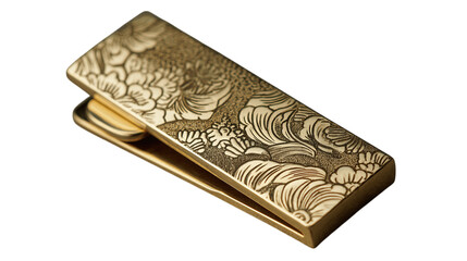 Fototapeta premium A engraved brass money clip in satin box variant 8230, white background --ar 16:9