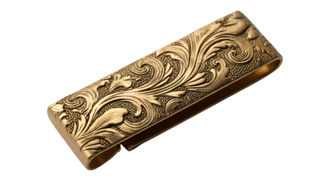 A engraved brass money clip in satin box variant 4849, white background --ar 16:9