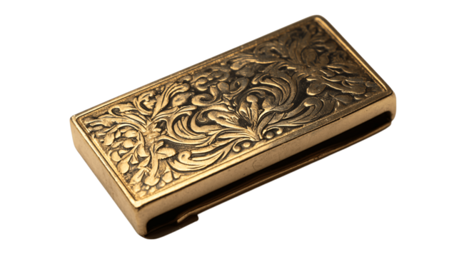 A engraved brass money clip in satin box variant 4849, white background --ar 16:9