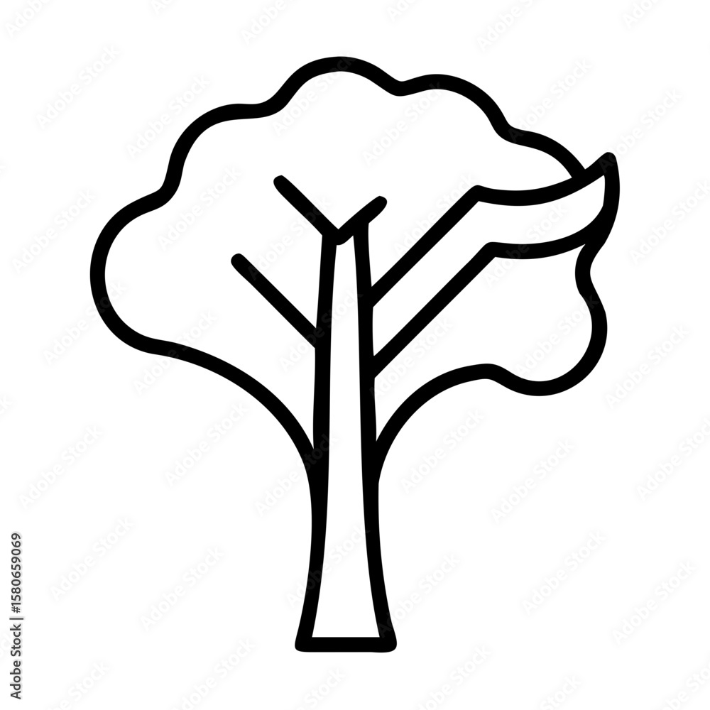 Poster illustration of a tree with a thick trunk and a full rounded crown in a simple outline style