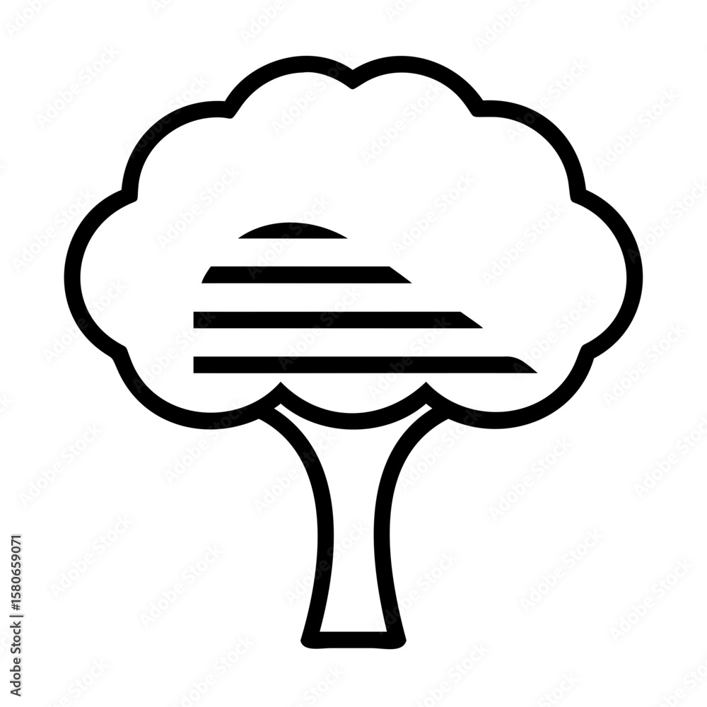 Poster illustration of a tree with a rounded crown and a striped pattern inside the crown area design