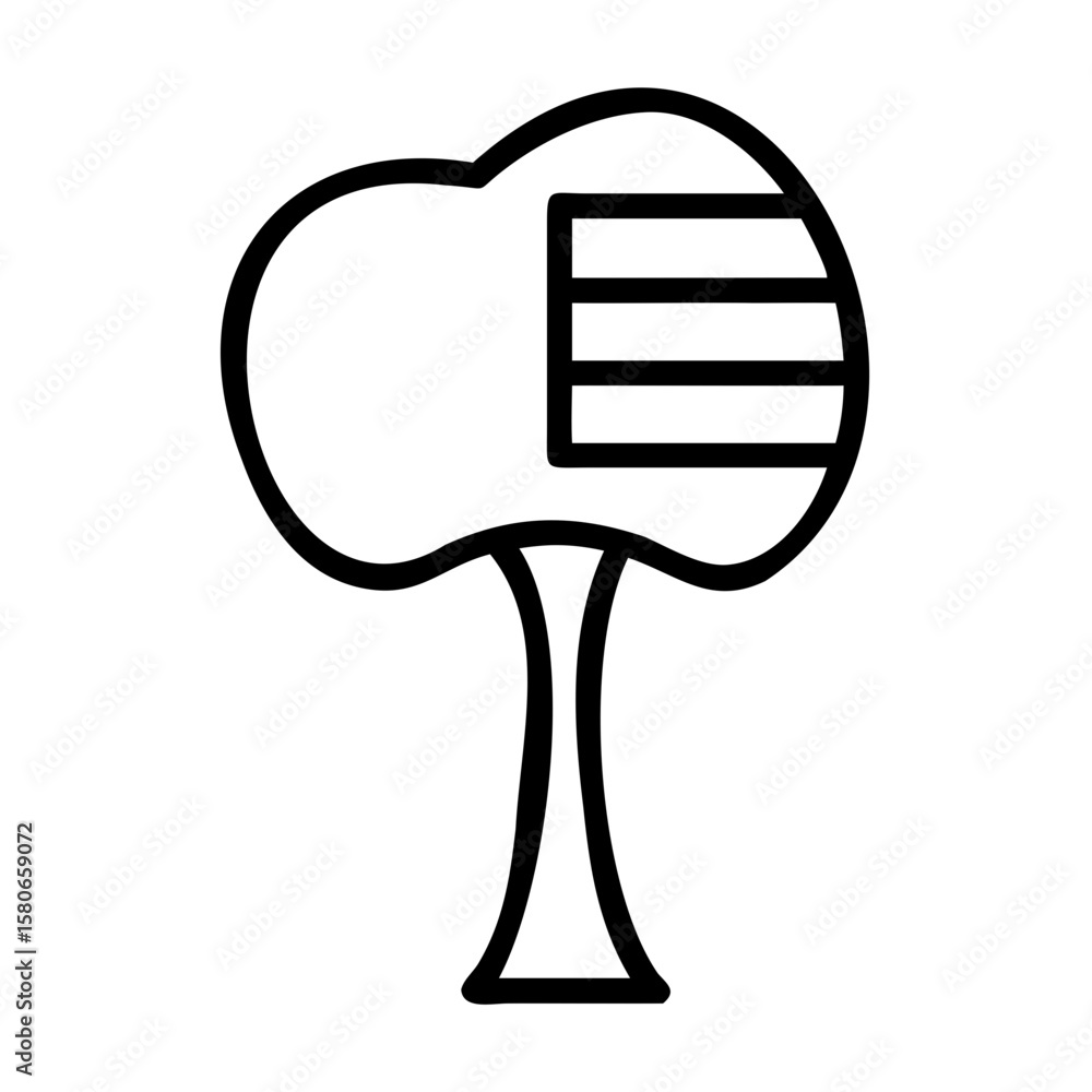 Poster illustration of a stylized tree with a rounded crown and horizontal lines on the right side