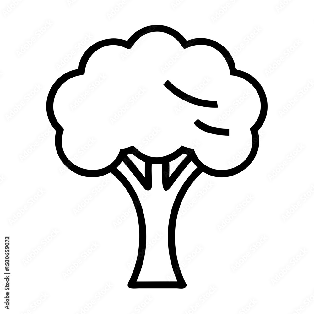 Poster illustration of a tree with a rounded canopy and thick trunk in a simple black outline style