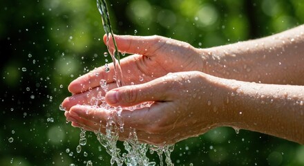 Fototapeta premium Water flowing through hands with droplets sparkling in sunlight.